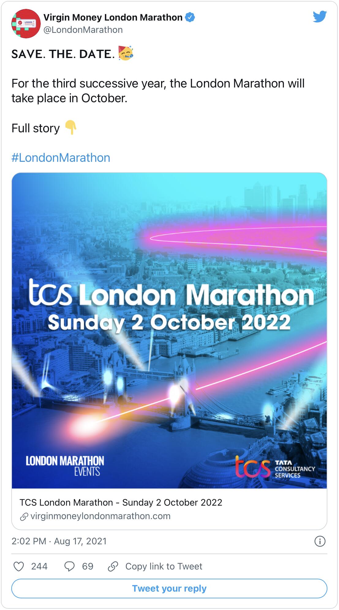 Tweet screenshot for showing new London marathon date